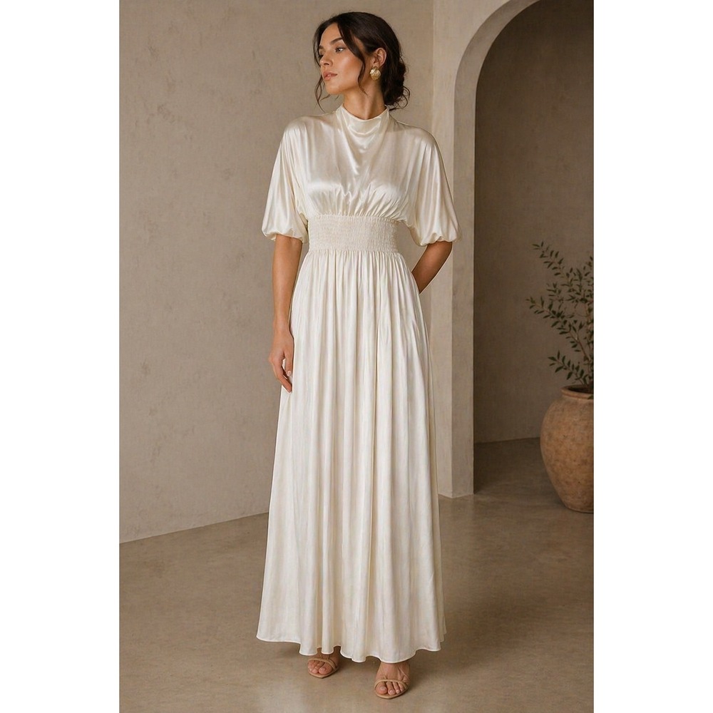 Kitty Satin Mock Neck Maxi Dress Womens Size‎ 8 Ivory Excellent